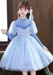 Art Blue Ruffled Sequins Patchwork Tulle Baby Girls Party Dress Fall
