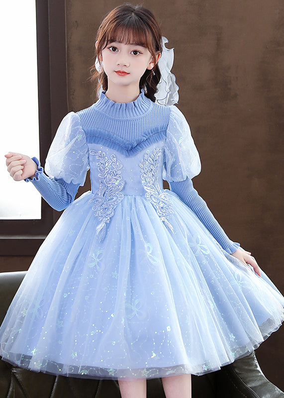 Art Blue Ruffled Sequins Patchwork Tulle Baby Girls Party Dress Fall