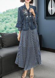 Art Blue Stand Collar Embroidered Denim Coats Flare Sleeve And Dot Print Chiffon Skirts Two Piece Set Women Clothing
