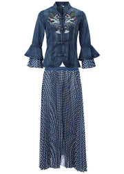 Art Blue Stehkragen Bestickte Denim Mäntel Schlagärmel und Punktdruck Chiffonröcke Zweiteiler Damenbekleidung