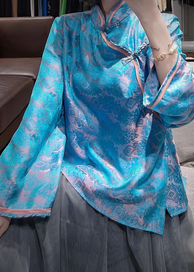 Art Blue Stand Collar Oversized Jacquard Silk Blouses Fall