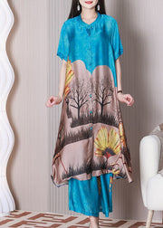 Art Blue Stand Collar Print Draping Silk A Line Dress Two Pieces Set Summer