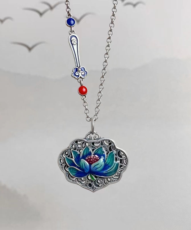 Art Blue Sterling Silver Copper Cloisonne Lotus Pendant Necklace