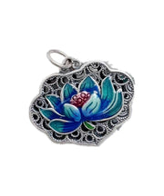 Art Blue Sterling Silver Copper Cloisonne Lotus Pendant Necklace