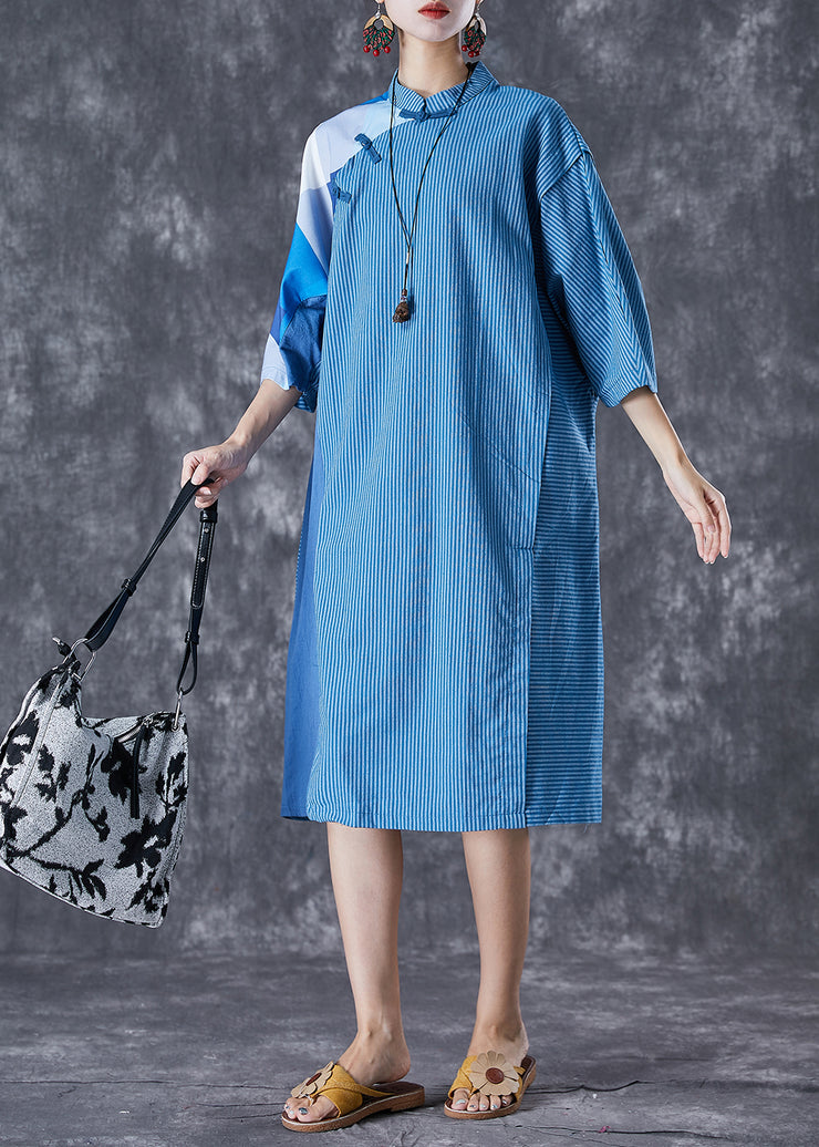 Art Blue Striped Patchwork Chinese Button Linen Dresses Summer