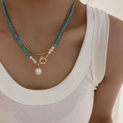 Art Blue Turquoise Double Layer Pearl Pendant Necklace