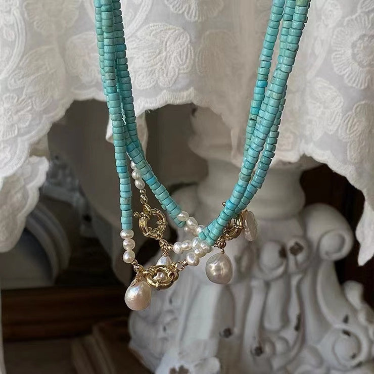 Art Blue Turquoise Double Layer Pearl Pendant Necklace