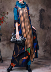 Art Blue Turtleneck Asymmetrical Print Velour Maxi Dresses Long Sleeve