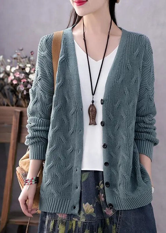 Art Blue V Neck Button Casual Fall Knit Sweater Coat