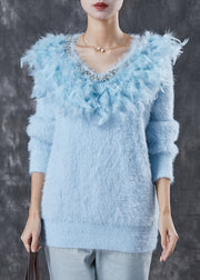 Art Blue V Neck Patchwork Mink Velvet Knitted Tops Winter