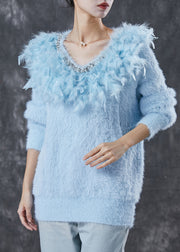 Art Blue V Neck Patchwork Mink Velvet Knitted Tops Winter
