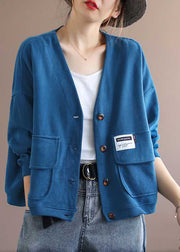 Art Blue V-Ausschnitt Taschen Knopf Herbst Langarm Mantel