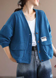 Art Blue V-Ausschnitt Taschen Knopf Herbst Langarm Mantel