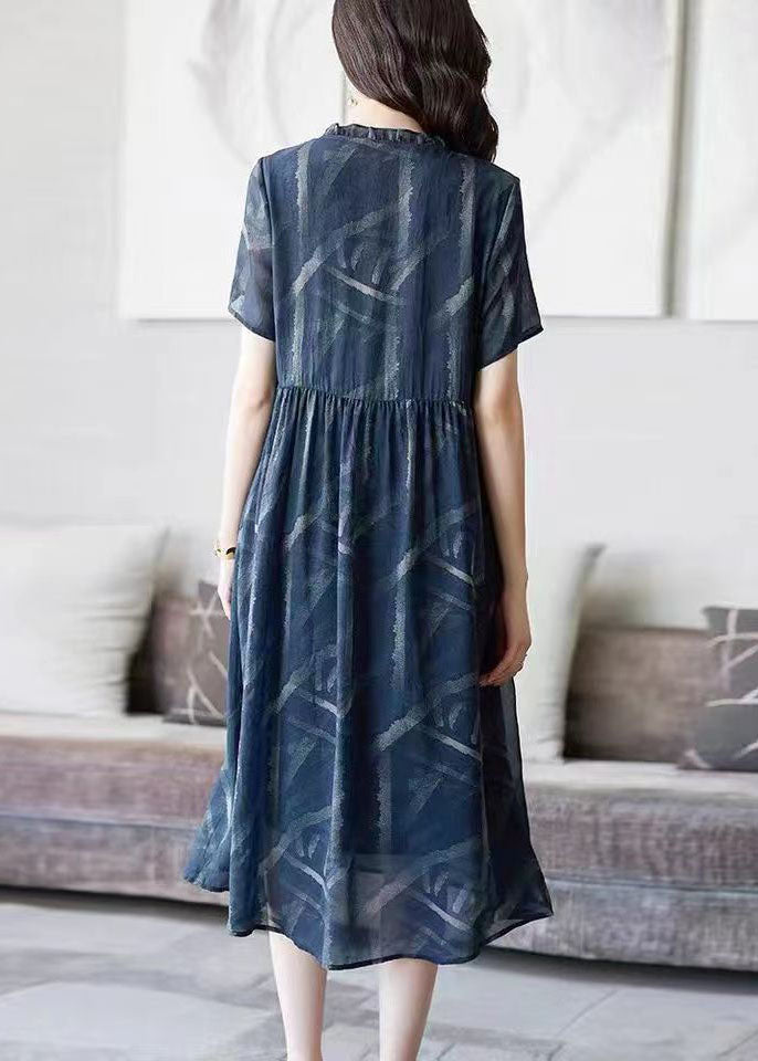 Art Blue V Neck Ruffled Print Patchwork Chiffon Dresses Summer