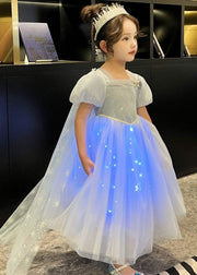 Art Blue Wrinkled Sequins Patchwork Tulle Kids Girls Princess Dresses Summer