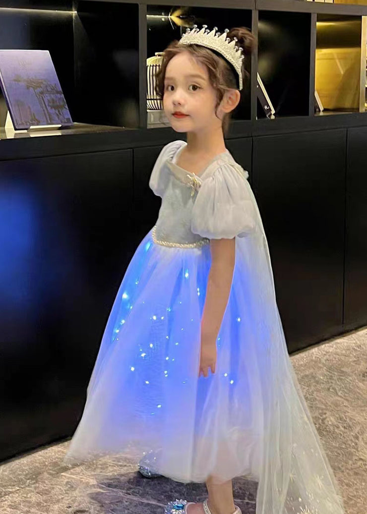 Art Blue Wrinkled Sequins Patchwork Tulle Kids Girls Princess Dresses Summer