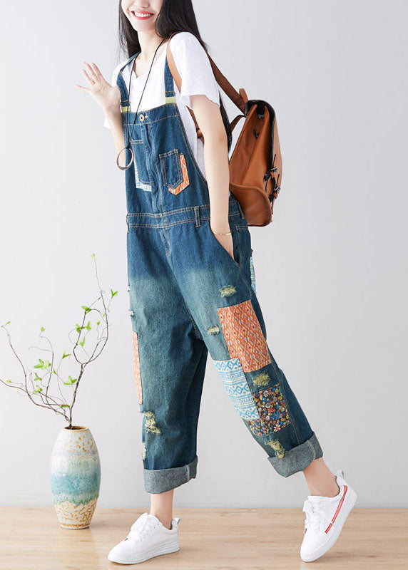 Kunstblaue Taschen Patchwork zerrissener Jeans-Jumpsuit Frühling
