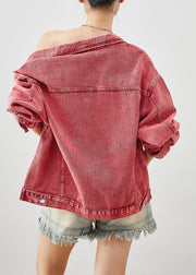 Art Brick Red Zip Up Oversized Denim Jackets Fall