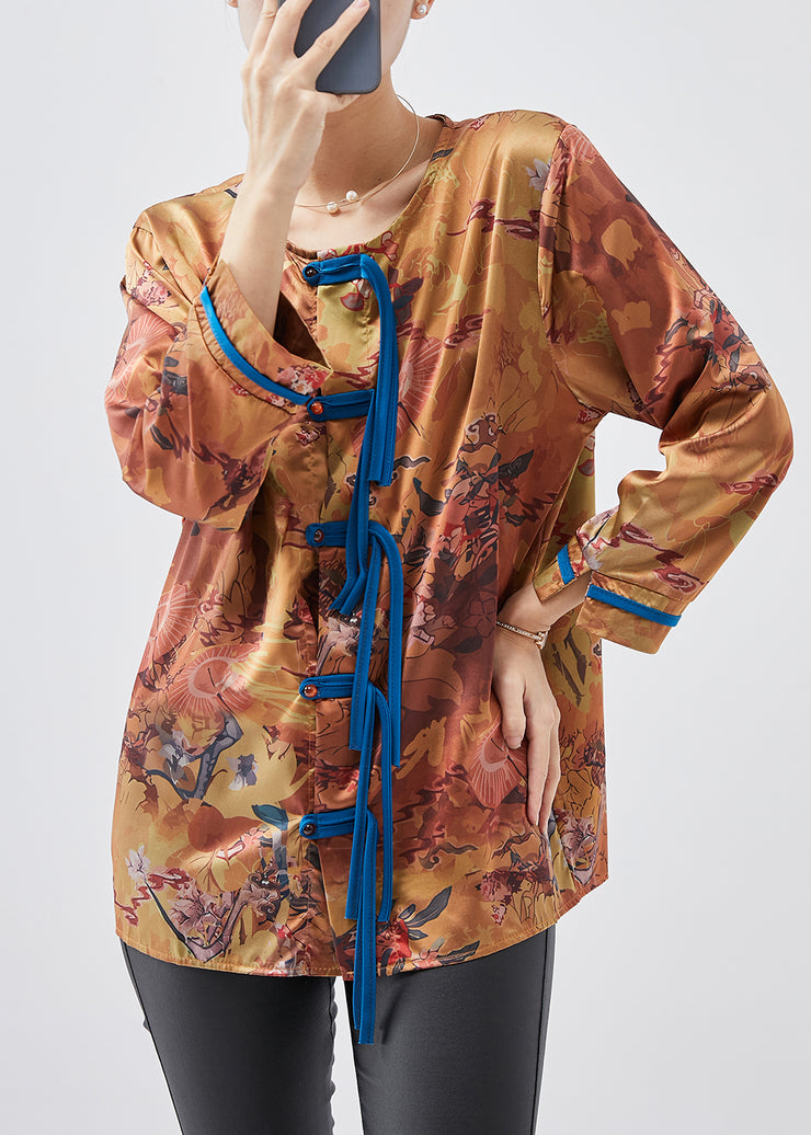 Art Brown Print Chinese Button Silk Blouse Tops Spring
