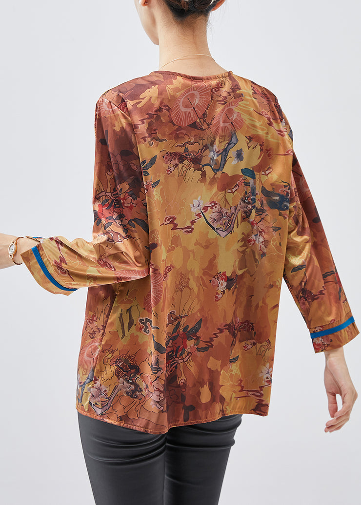 Art Brown Print Chinese Button Silk Blouse Tops Spring