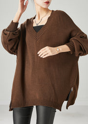 Art Brown V Neck Zippered Knit Sweater Tops Spring