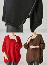 Art Brown V Neck Zippered Knit Sweater Tops Spring