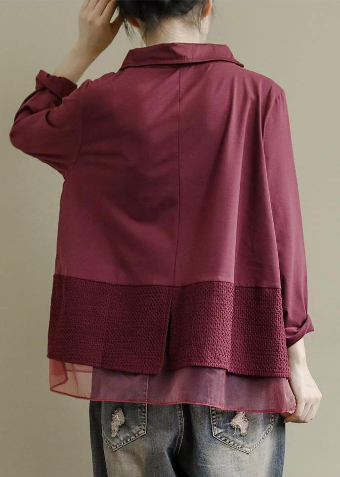 Art Burgundy Patchwork Baggy Shirt Clothes Lapel - SooLinen