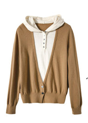 Art Camel Patchwork Button Hooded Knit Pullover Fall