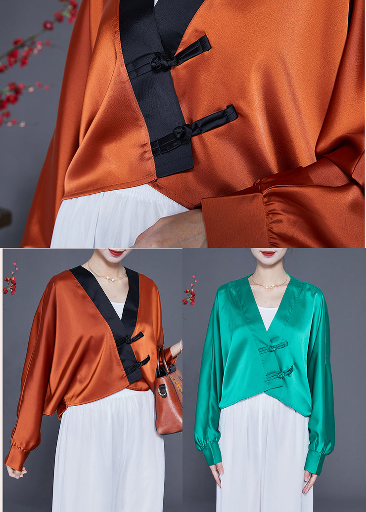 Art Caramel Oversized Patchwork Chinese Button Silk Shirt Spring
