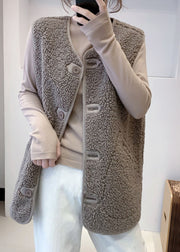 Art Charcoal Grey V Neck Button Faux Fur Waistcoat Fall