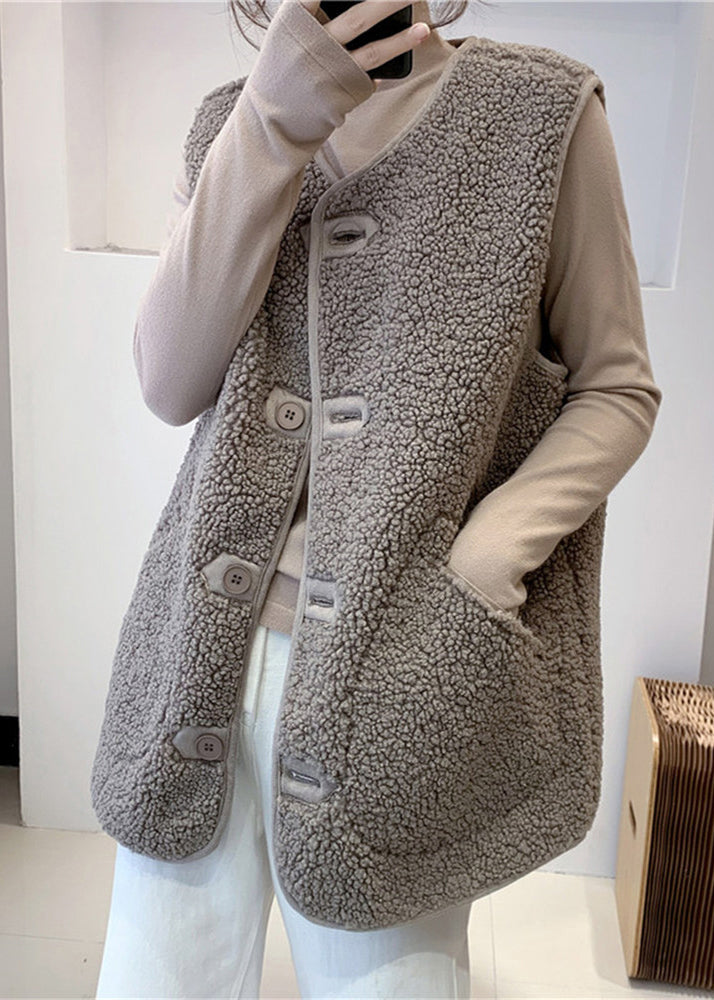 Art Charcoal Grey V Neck Button Faux Fur Waistcoat Fall