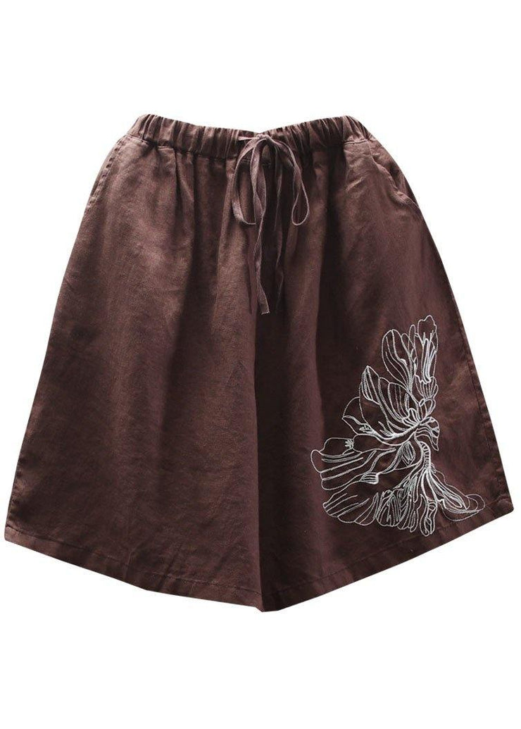 Art Chocolate Embroideried tie waist Linen hot Pants - SooLinen