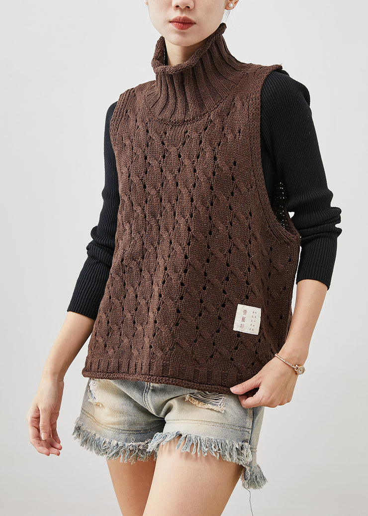 Art Chocolate Turtle Neck Hollow Out Knit Vests Spring