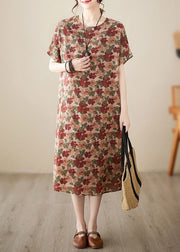 Art Coffee O-Neck Floral Print Cotton Dresses Short Sleeve