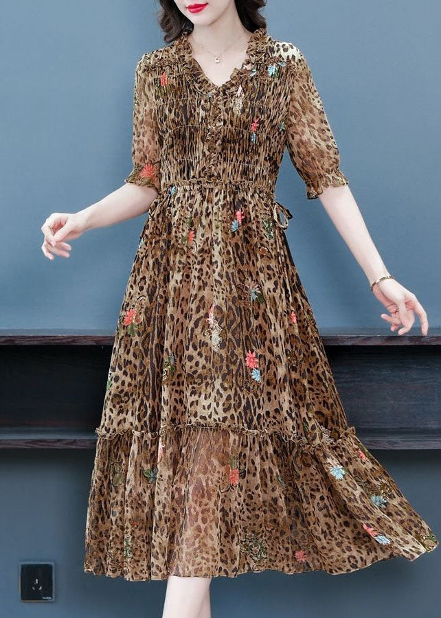 Art Coffee Ruffled Patchwork Leopard Print Silk Dress Summer