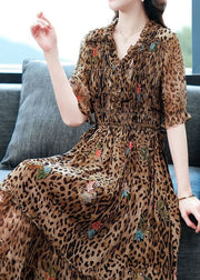 Art Coffee Ruffled Patchwork Leopard Print Silk Dress Summer