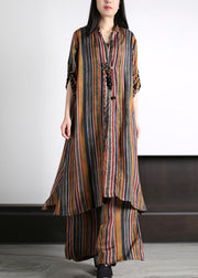 Art Coffee V Neck Striped Patchwork Silk Maxi Shirts And Wide Leg Pants Two Piece Set Spring