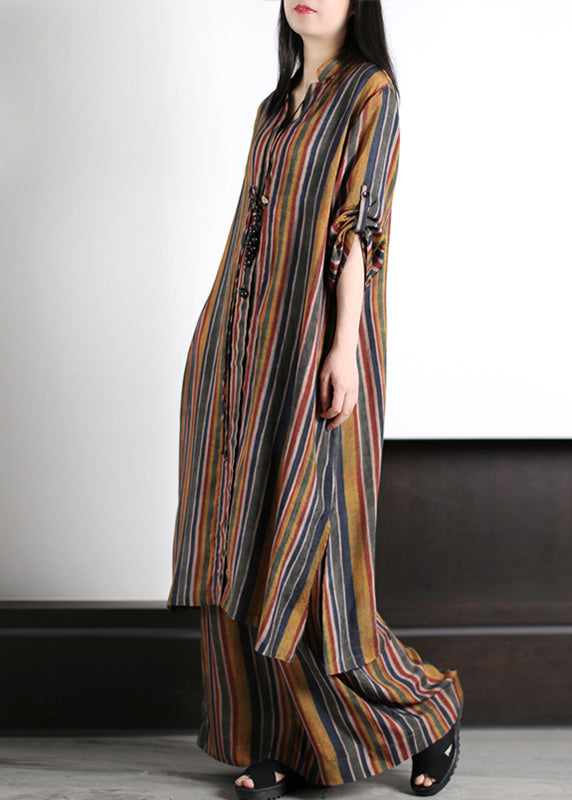 Art Coffee V Neck Striped Patchwork Silk Maxi Shirts And Wide Leg Pants Two Piece Set Spring