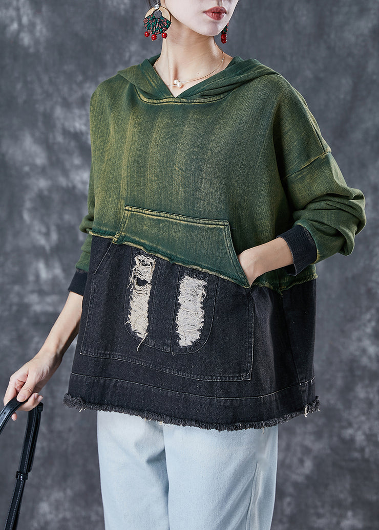 Art Colorblock Hooded Patchwork Cotton Ripped Sweatshirt Fall