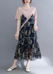Art Colorblock O-Neck Patchwork Ruffles Cotton Dresses Summer