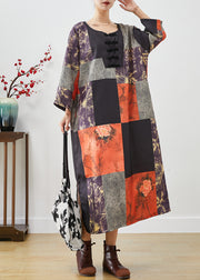 Art Colorblock Oversized Patchwork Print Linen Long Dresses Fall