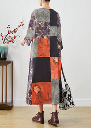 Art Colorblock Oversized Patchwork Print Linen Long Dresses Fall