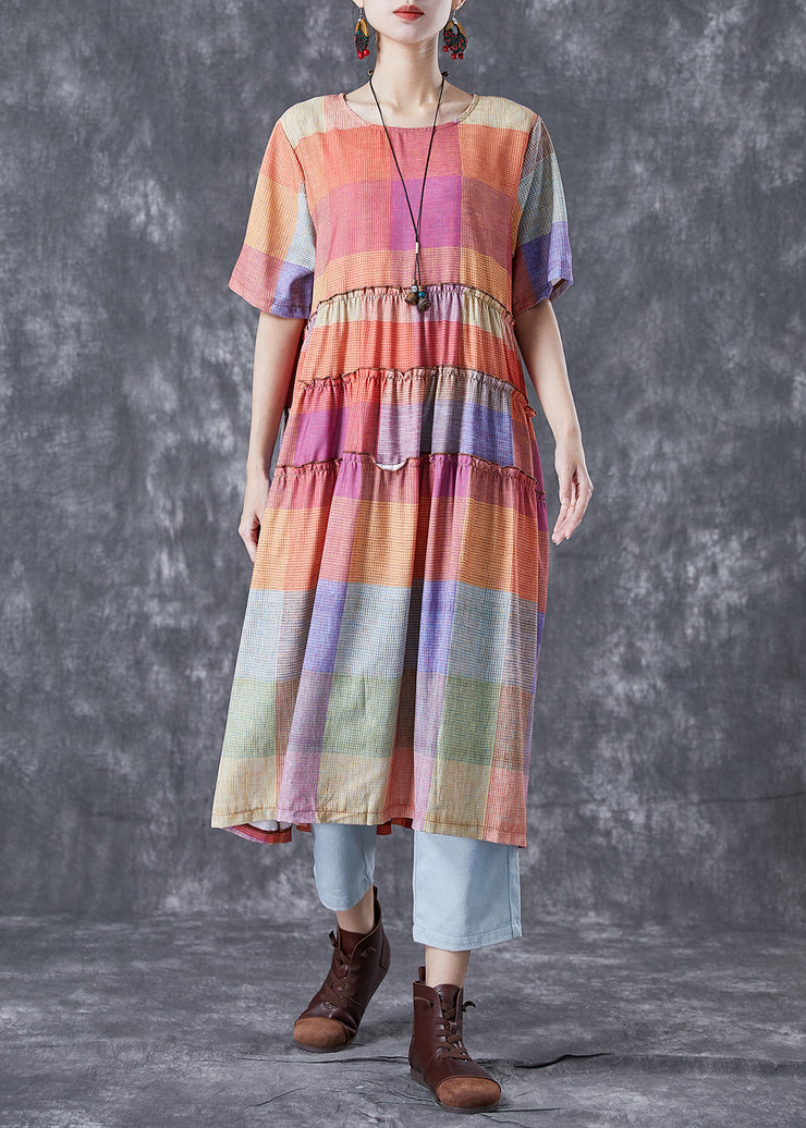 Art Colorblock Ruffled Plaid Cotton Dress Summer