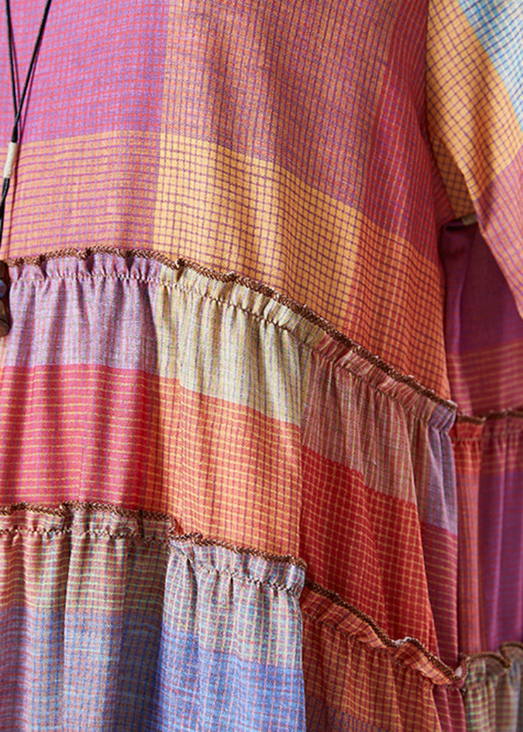 Art Colorblock Ruffled Plaid Cotton Dress Summer