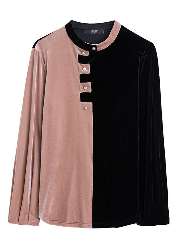 Art Colorblock Stand Collar Asymmetrical Patchwork Silk Velour Shirt Top Long Sleeve