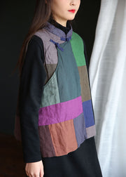 Art Colorblock Stand Collar Patchwork Fine Cotton Filled Vest Tops Winter