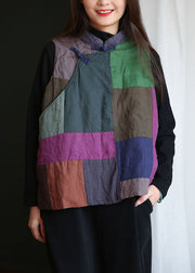 Art Colorblock Stand Collar Patchwork Fine Cotton Filled Vest Tops Winter
