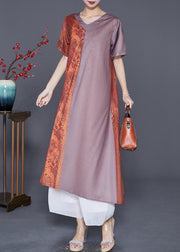 Art Colorblock V Neck Patchwork Silk Long Dress Summer