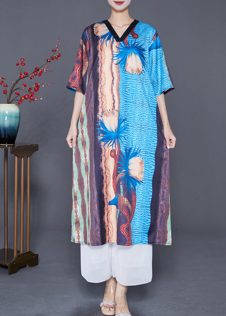 Art Colorblock V Neck Print Silk Holiday Dress Summer