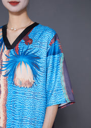 Art Colorblock V Neck Print Silk Holiday Dress Summer